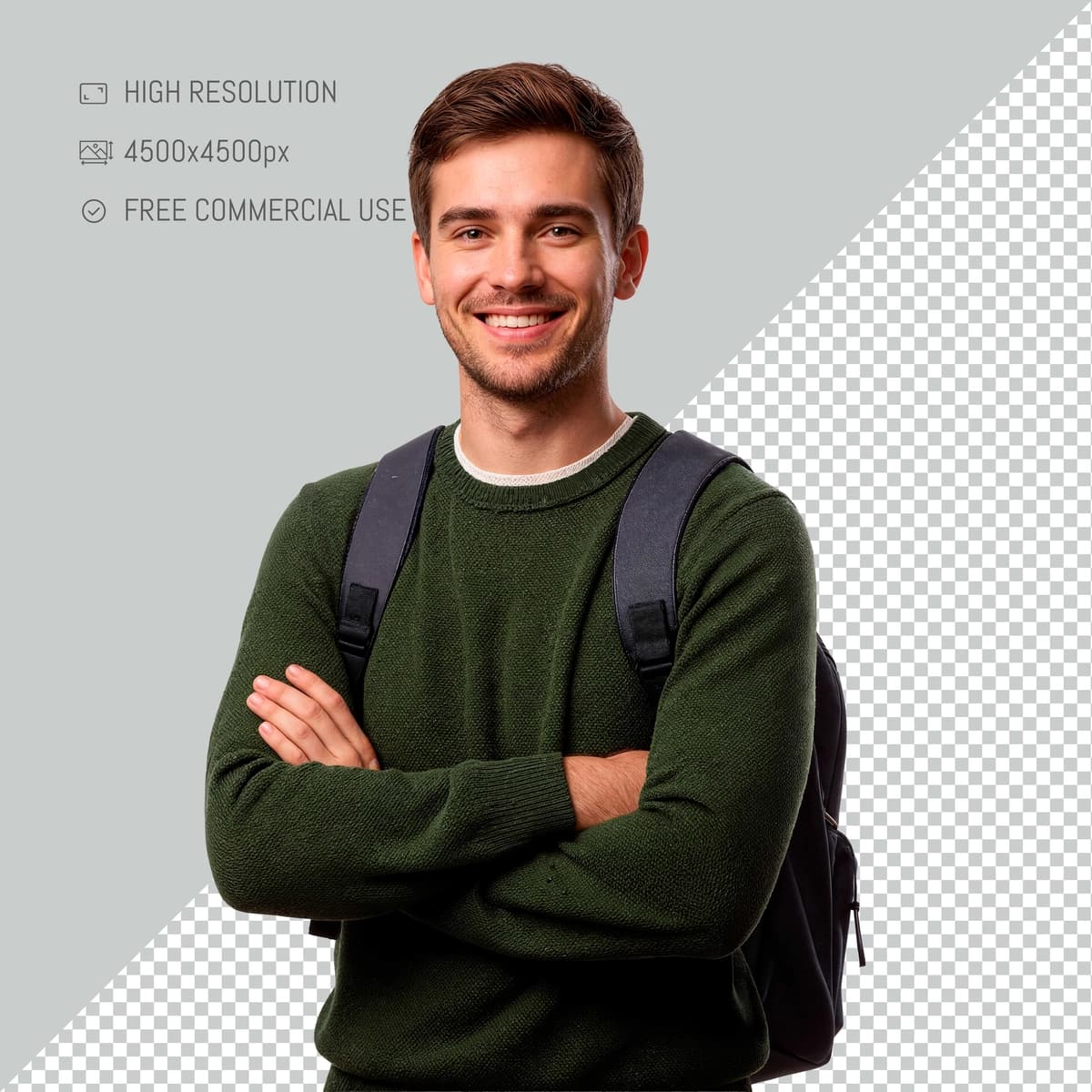 Xalta ko'targan baxtli yigit qo'llarini chalishtirdi zamonaviy talaba turmush tarzi | Happy young man with backpack crossed arms modern student lifestyle
