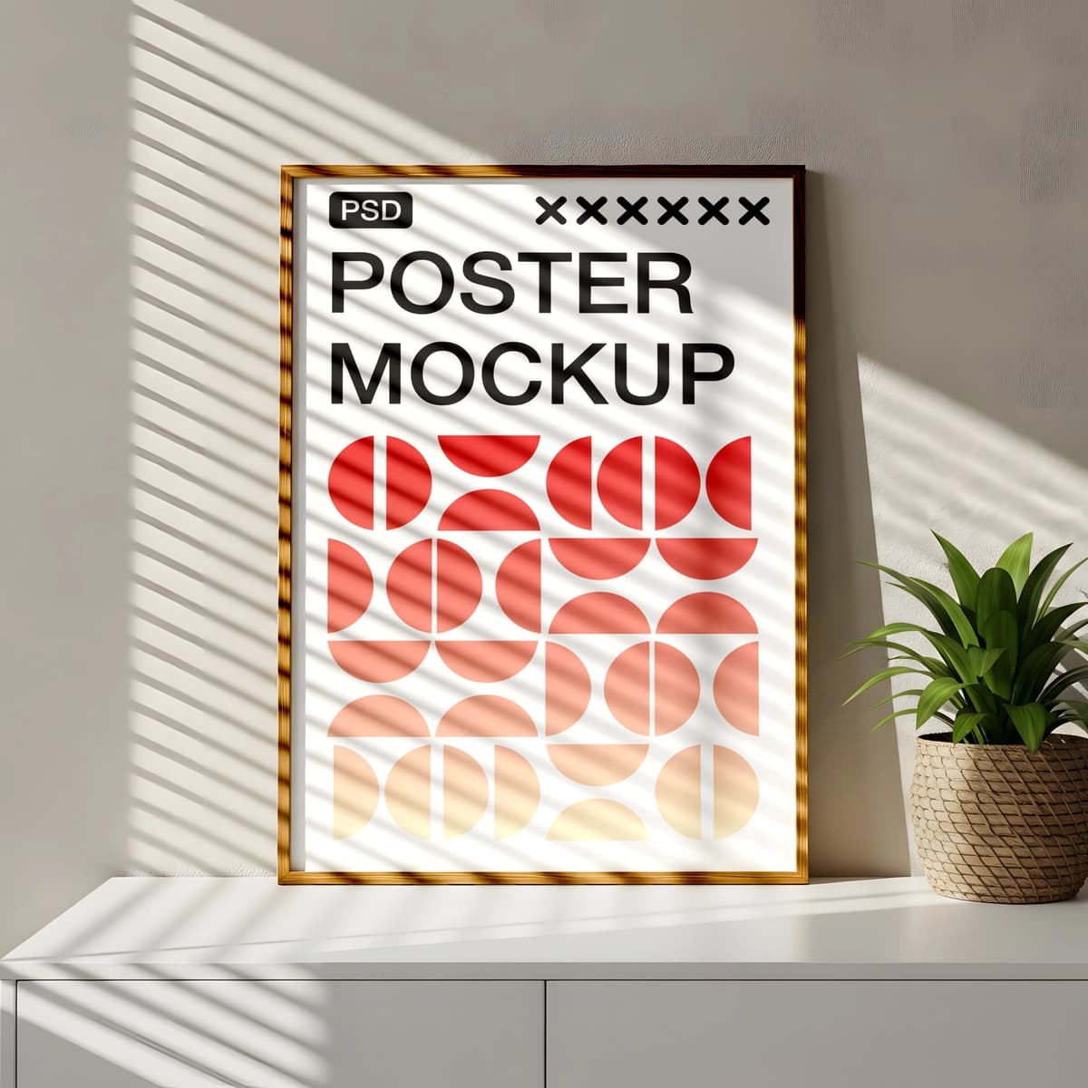 Geometrik san'at tabiiy yorug'lik bilan zamonaviy ramkali plakat maketi | Modern framed poster mockup with geometric art natural light