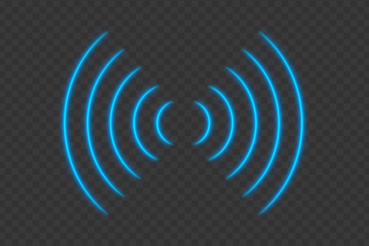 Shaffof neon porlayotgan ko'k tovush to'lqinlari radio to'lqinlari signal emissiyasi | Transparent neon glowing blue sound waves radio waves signal emission