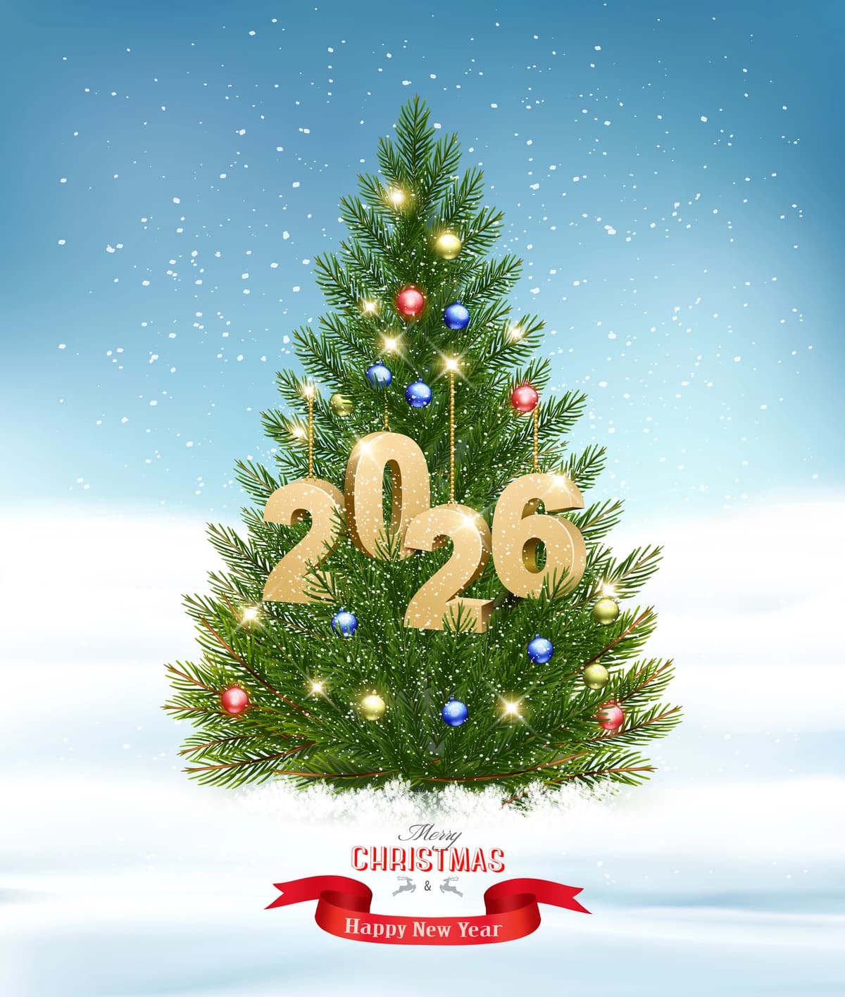 Rojdestvo daraxti gulchambar oltin 2026 vektorli bayram foni | Holiday background with christmas tree with garland gold 2026 vector