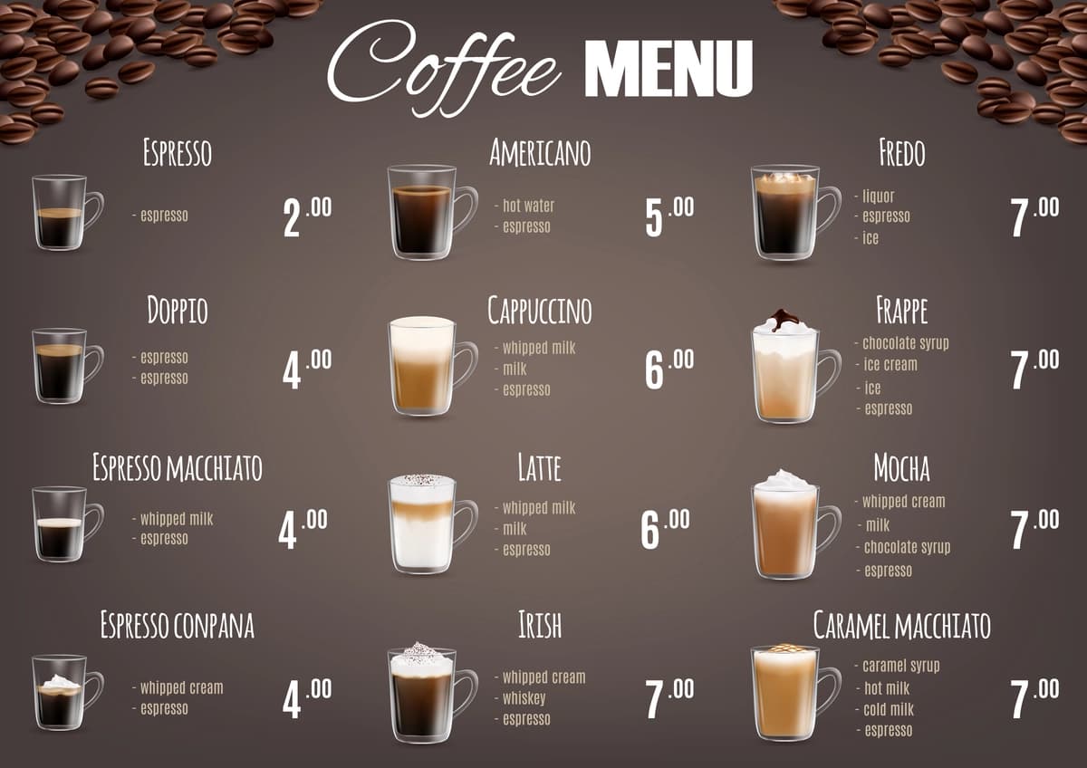 Kofe ichimliklar menyusi narxlari ro'yxati vektor shabloni | Coffee drinks menu price list vector template