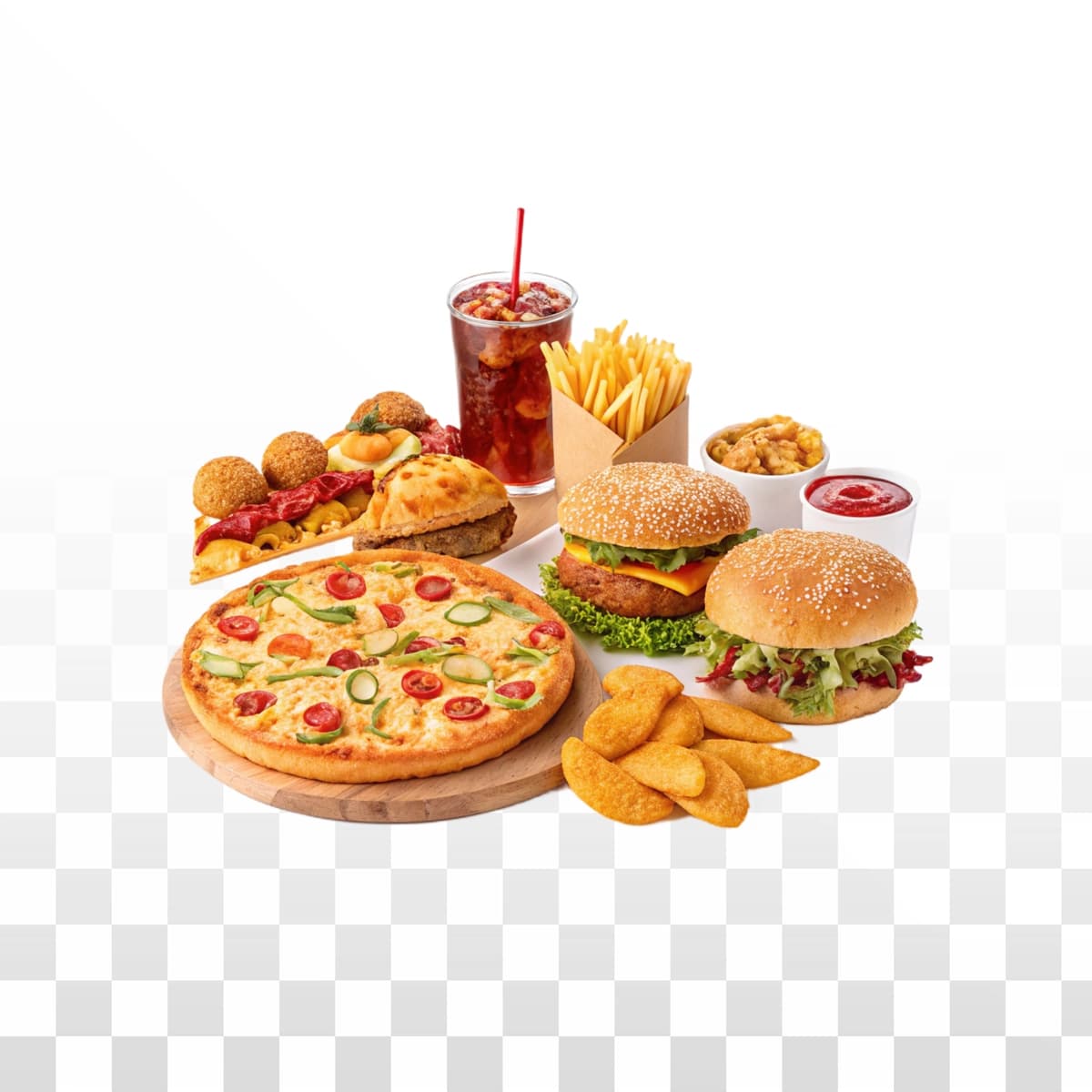 Fast tamaddi qilishga pitsa gamburgerli kartoshkali ichimlik | Fast food meal pizza burgers fries drink