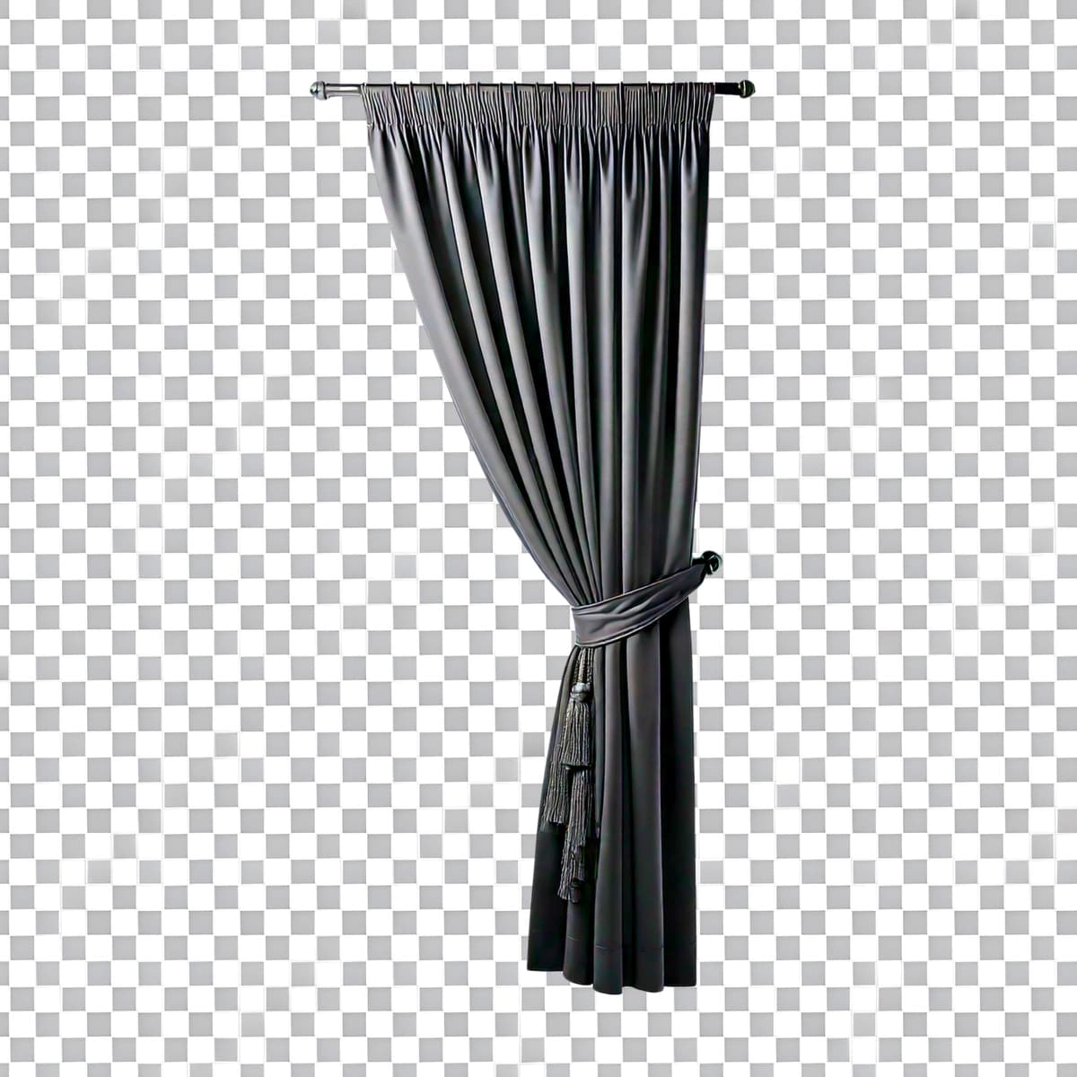 Nafis kulrang parda, tasmali bog'ichli murakkab | Elegant grey curtain with tassel tieback enhancing sophisticated