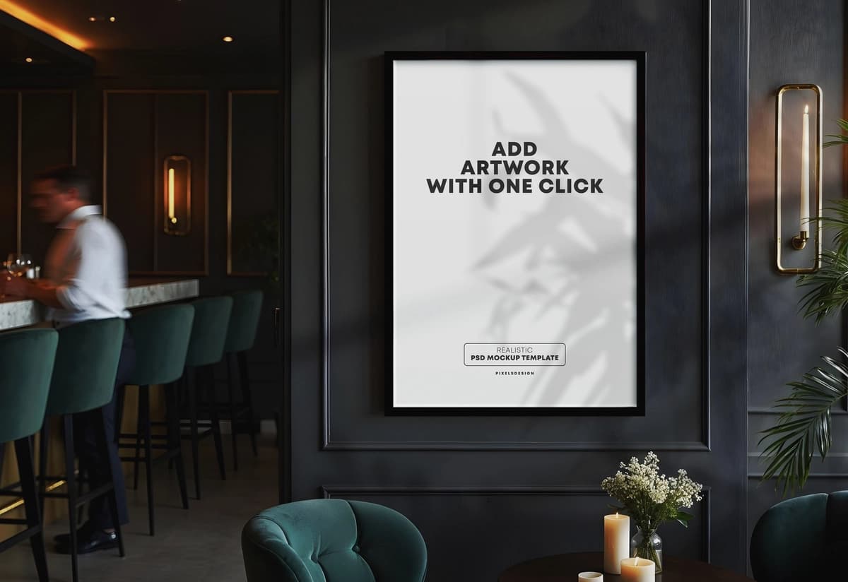 Restoran zalining plakati ramkasi maketi | Restaurant lounge poster frame mockup scene