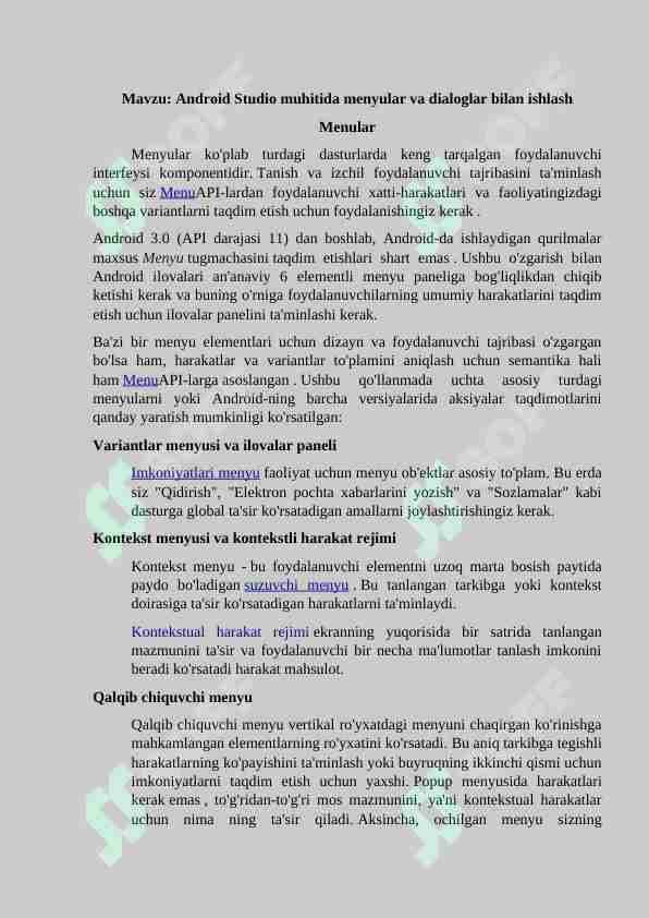 Android Studio muhitida menyular va dialoglar bilan ishlash