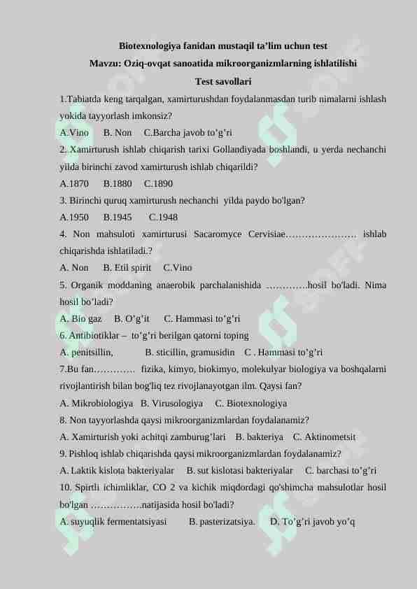 Oziq-ovqat sanoatida mikroorganizmlarning ishlatilishi
