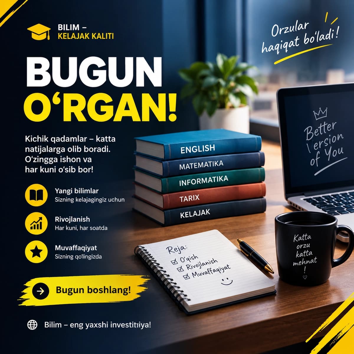 “Motivatsion ta’lim posteri — Canva dizayn shabloni”