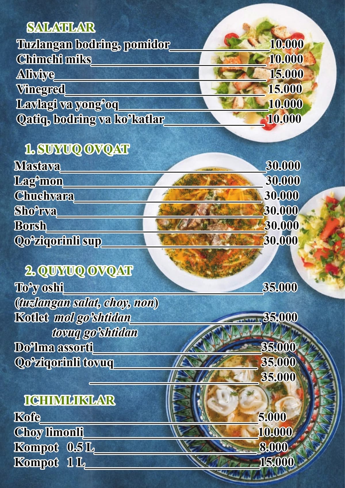 Diet kafe uchun menu