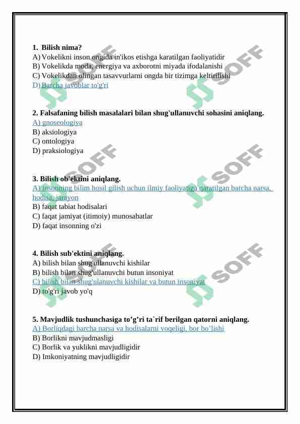 Falsafadan bilish jarayonlari mavzusida test