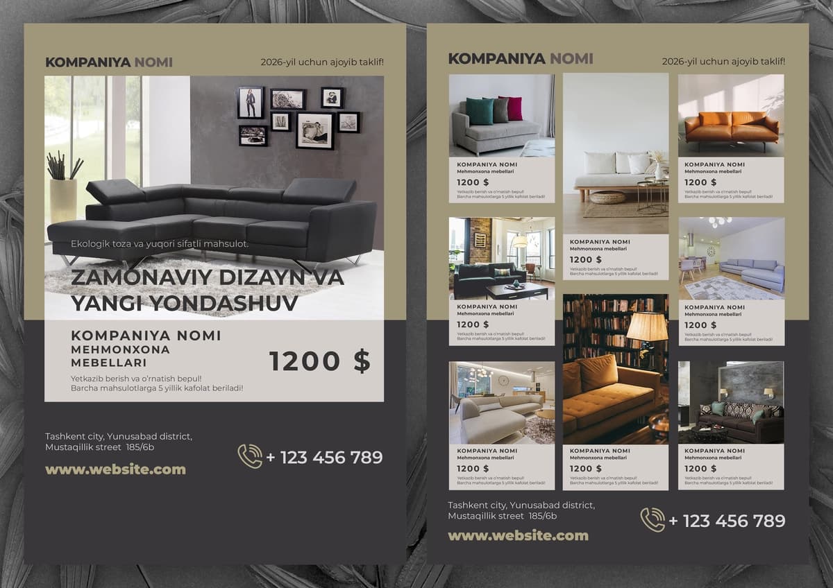 Mebel va interyer brendlari uchun premium flayer dizayni shabloni (2 tomonli)