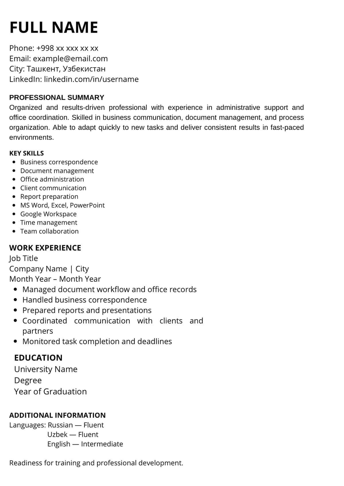 ATS Office CV – International Pack (RU / EN / UZ)
