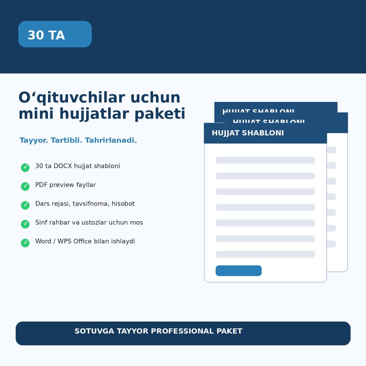 O‘qituvchilar uchun mini hujjatlar paketi — 30 ta tayyor DOCX shablon