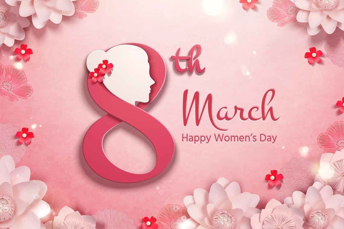 Ayol boshi pushti qog'ozli gullar ramkasi bilan baxtli ayollar kuni | Happy women s day with woman s head pink paper flowers frame
