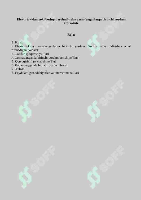 Elektr tokidan yoki boshqa jarohatlardan zararlanganlarga birinchi yordam ko‘rsatish.