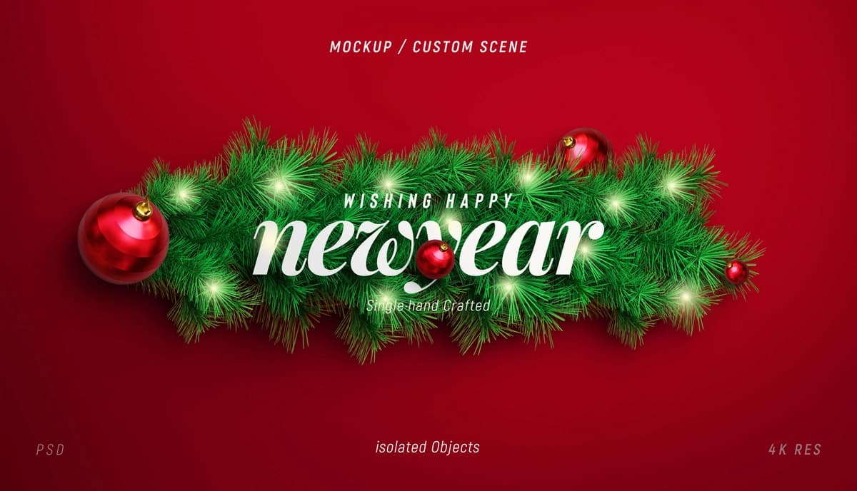 Dekorativ Rojdestvo daraxti shoxlari bilan yangi yil fon maketi | New year background mockup with decorative christmas tree branches