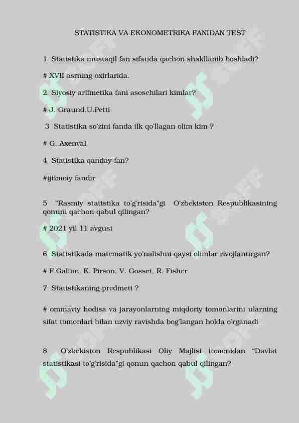 STATISTIKA VA EKONOMETRIKA FANIDAN 100 ta savolga javob