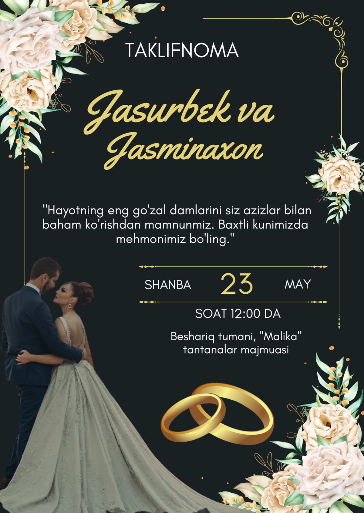 Hashamatli to'y taklifnomasi (Qora va tilla rangli shablon)