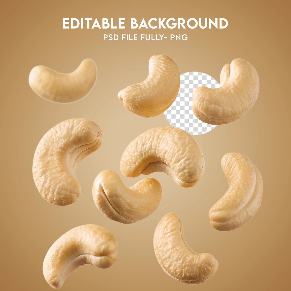 Tahrirlanadigan fonga ega suzuvchi kaju yong'oqlari | Floating cashew nuts with editable background