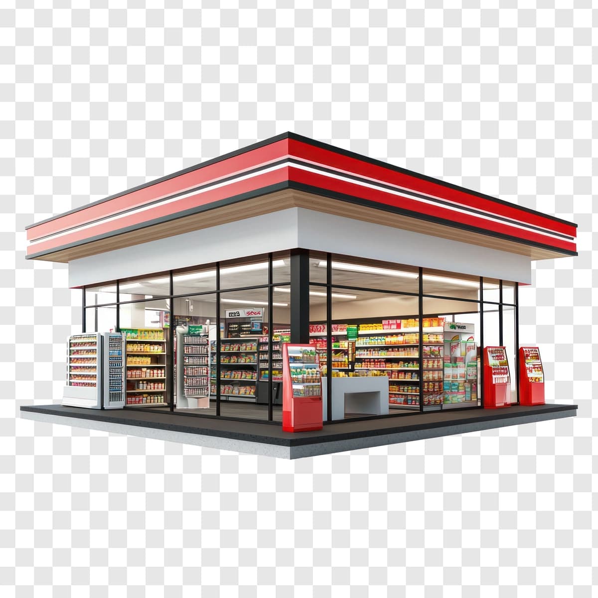 To'plam 3D do'konining oldingi ko'rinishi shaffoflikni ajratib turadi | Collection 3d convenience store front view isolate transparency