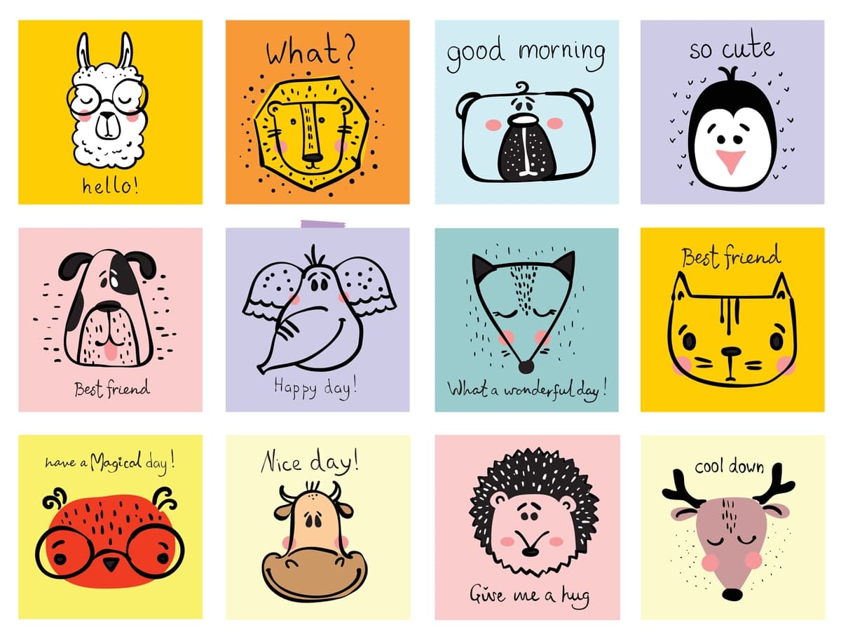 Vektorli to'plam yoqimli, baxtli hayvonlarning yuzlari, bolalar interyerlari bannerlari, plakatlar | Vector set cute happy animal faces kid s interiors banners posters