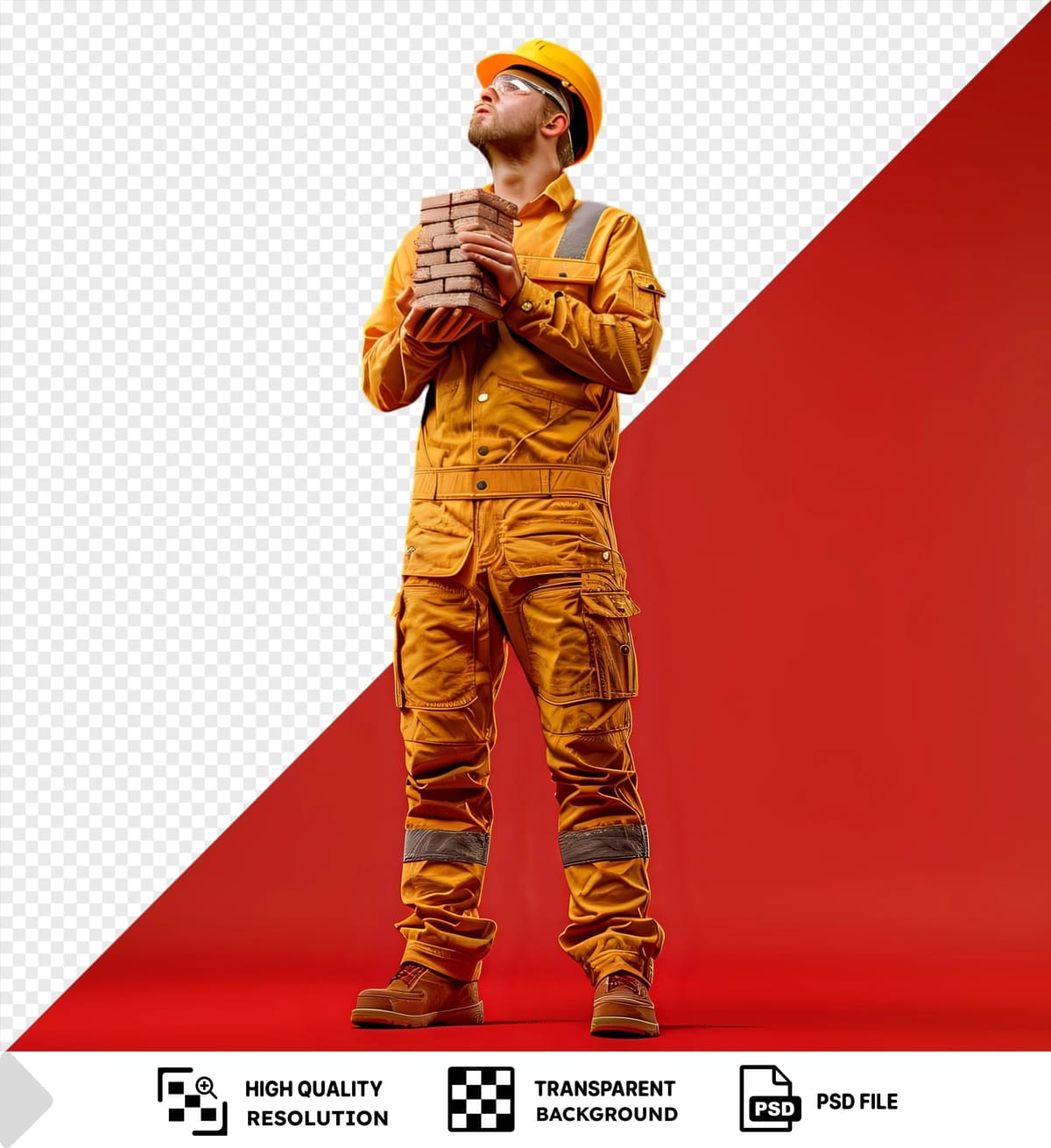 Psd o'ylayotgan yosh quruvchining formasi qizil rangli g'isht tutgan | Psd thinking young builder man uniform holding looking bricks red