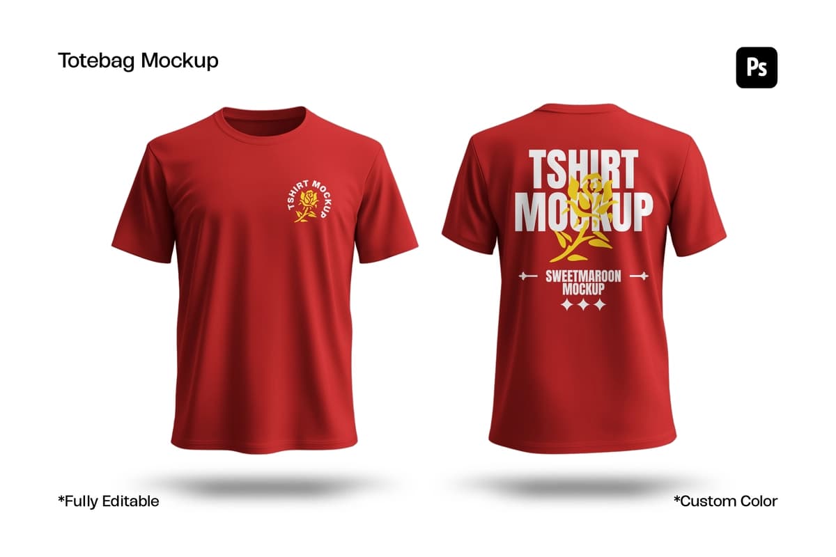 Haqiqiy qizil futbolka maketi old orqa tomondan kiyim brendi | Realistic red t shirt mockup front back views apparel branding