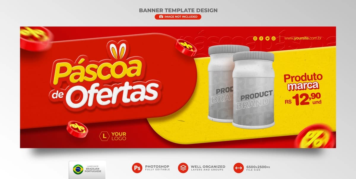 Banner Pasxa Braziliyada portugal tilidagi 3D render marketing kampaniyasini taklif qiladi | Banner easter offers portuguese 3d render marketing campaign brazil