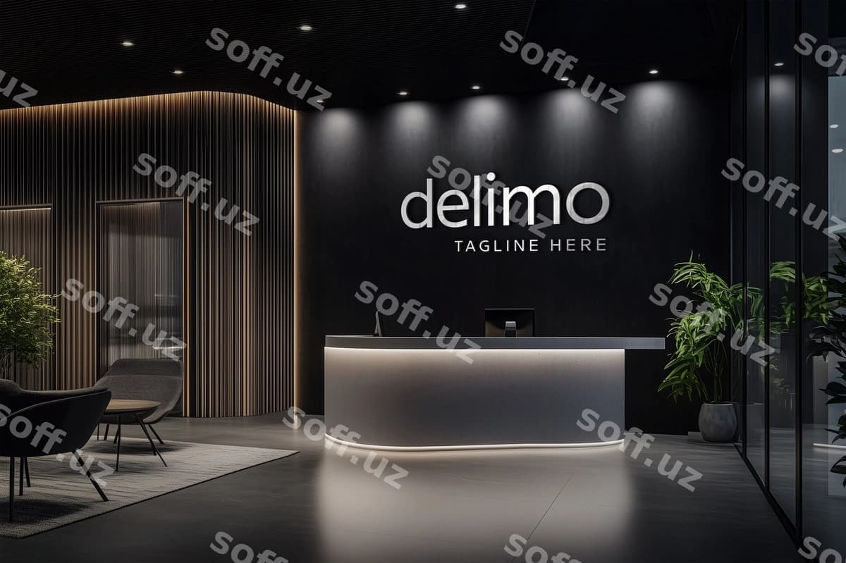 Qora devor ofis qabulxona logo namunasi | Black wall office reception logo mockup