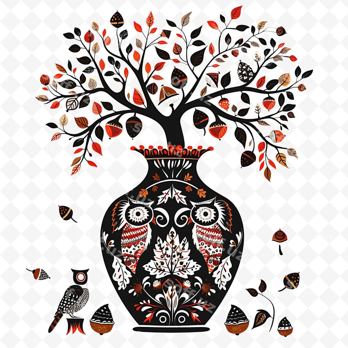 Qora oq chizma, boshlar bilan vaza, u | Black white drawing vase with owls it