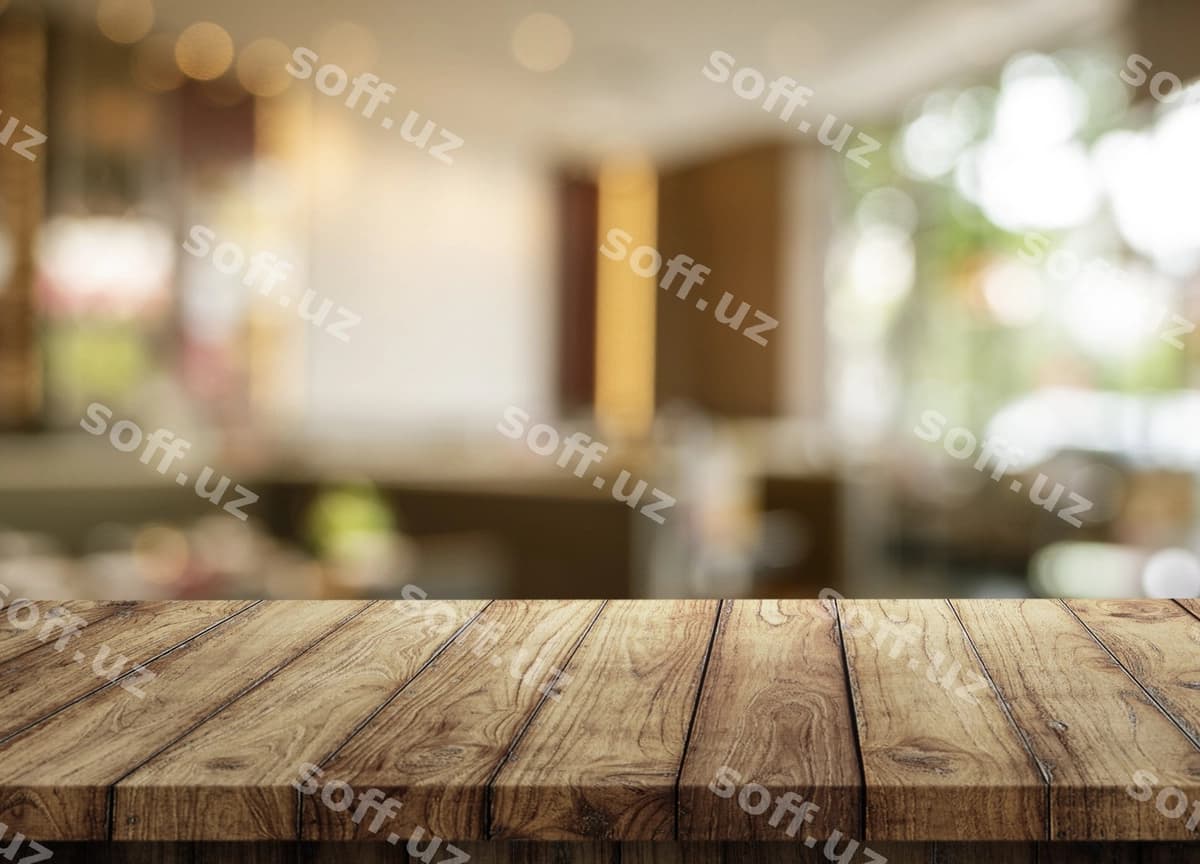 Bo'sh yog'och stol usti boke orqa fonda | Blank wood top table bokeh background