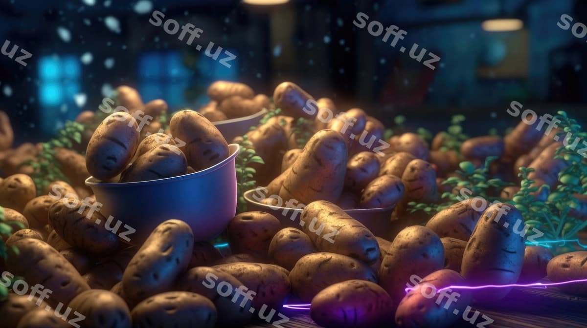 Potetlarning bir guruhida purpurni chiroqka ega. | Bunch potatoes with purple light them