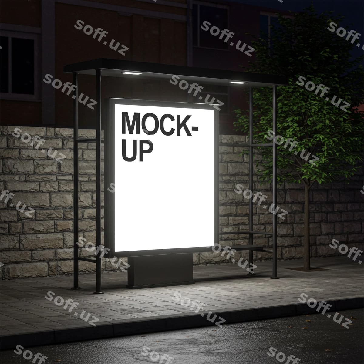 Avtobus bekatidagi reklama maketi kechasi | Bus stop advertising mockup night