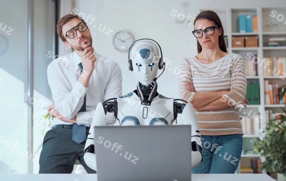 Kompaniya xodimlari robot ishlarini nazorat qiluvchi. | Business people supervising robot work