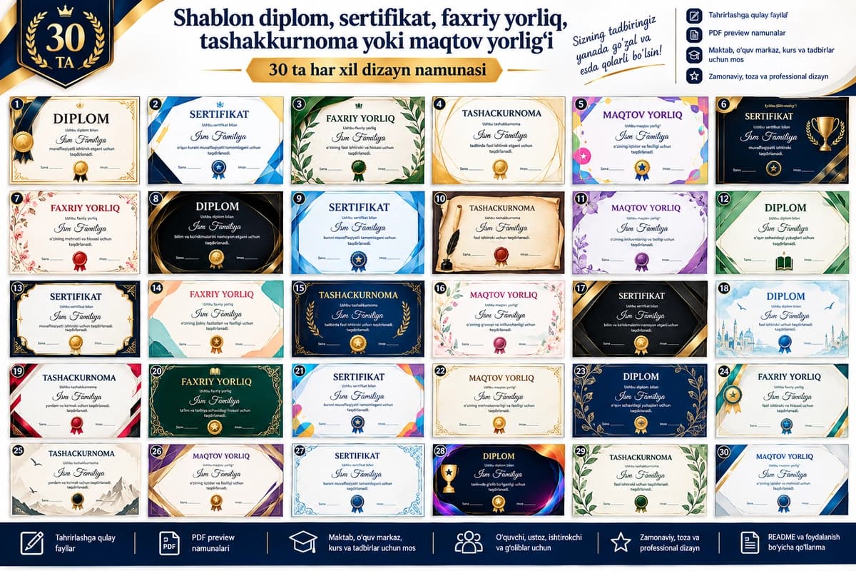 Shablon diplom, sertifikat, faxriy yorliq, tashakkurnoma yoki maqtov yorlig'i 30 tasi 1 da
