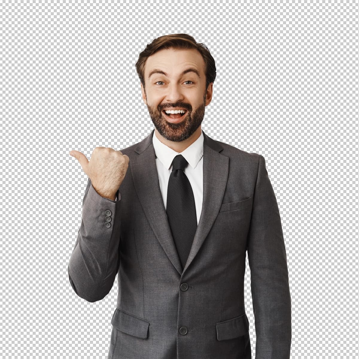 G‘ayratli soqolli biznesmen barmog‘ini ko‘rsatib, tabassum qilmoqda | Enthusiastic bearded businessman pointing finger left smiling corporate