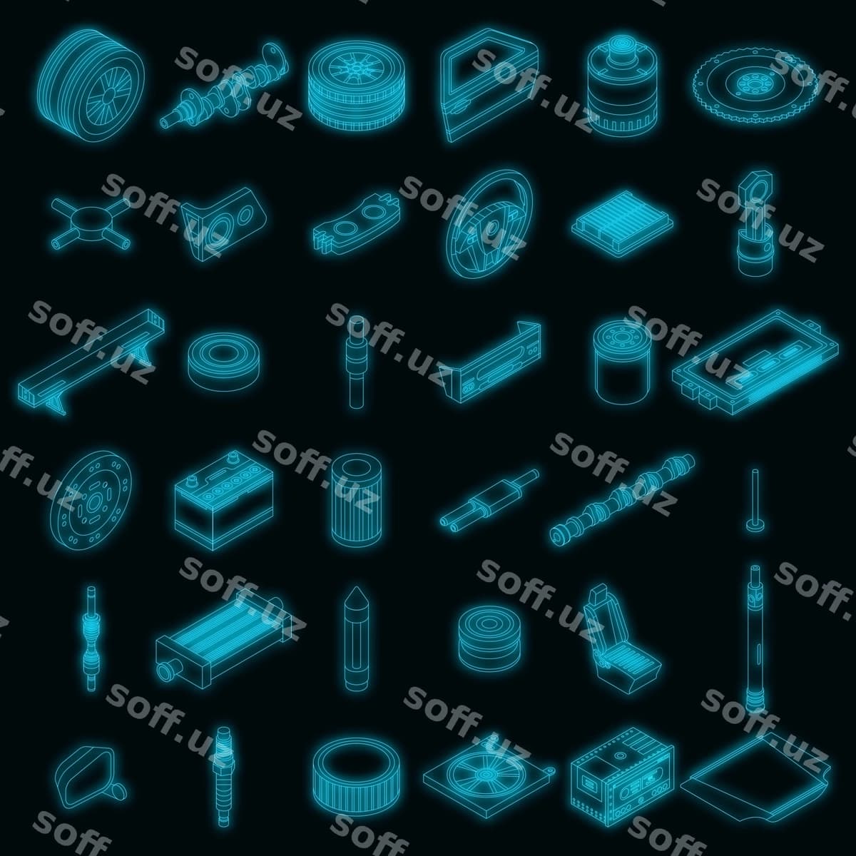 Mashina eki ikonkalar vektor neon to'plami | Car parts icons set vector neon