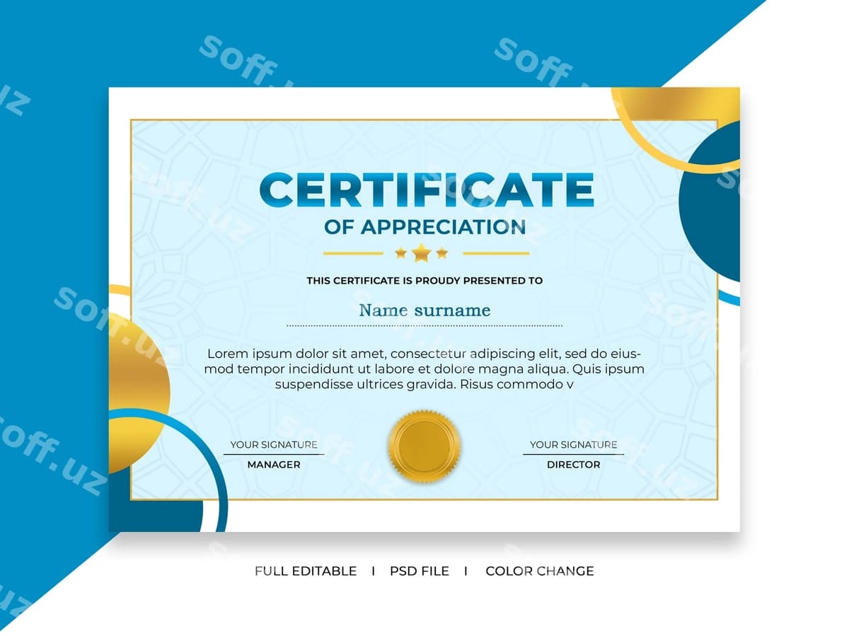 Sertifikat muvaffaqiyatlar shabloni | Certificate achievements template