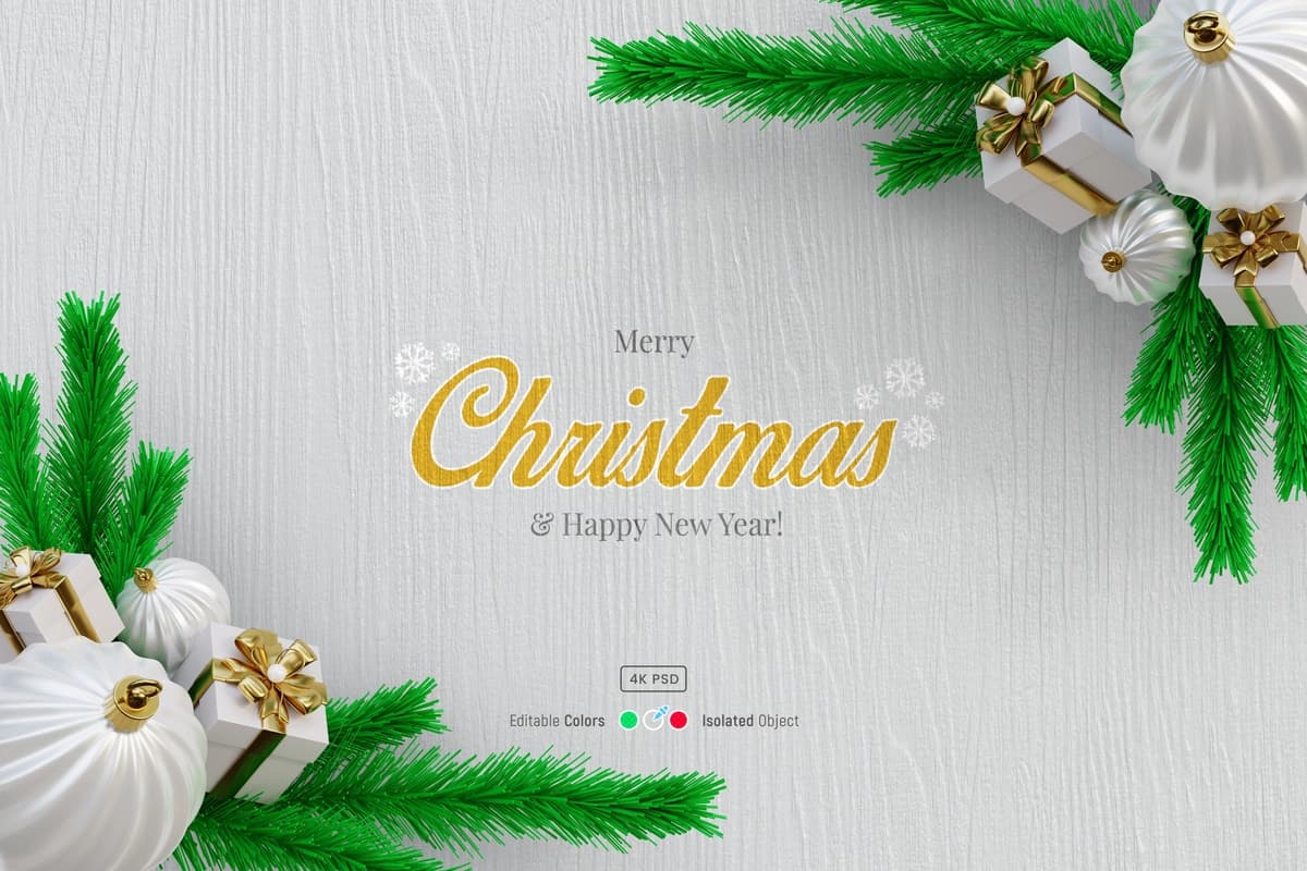 Rojdestvo yog'och fon maketi qarag'ay barglari gulchambar 3D sovg'a bilan | Christmas wooden background mockup with pine leaves wreath 3d gift