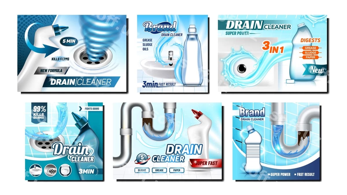 Buzilgan kanal tozalash vositi reklama plakatlar komplekti | Clogged drain cleaner promo posters set