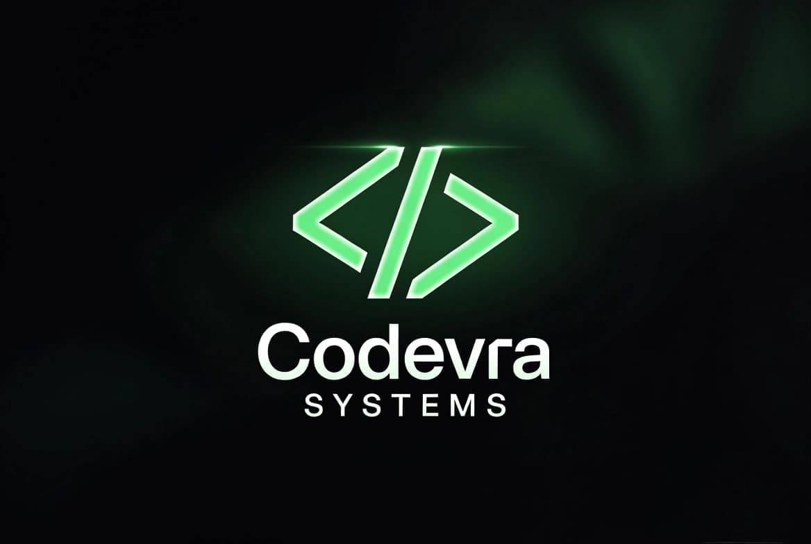 Codevra Systems – Texnologik startup uchun dark uslubdagi logo