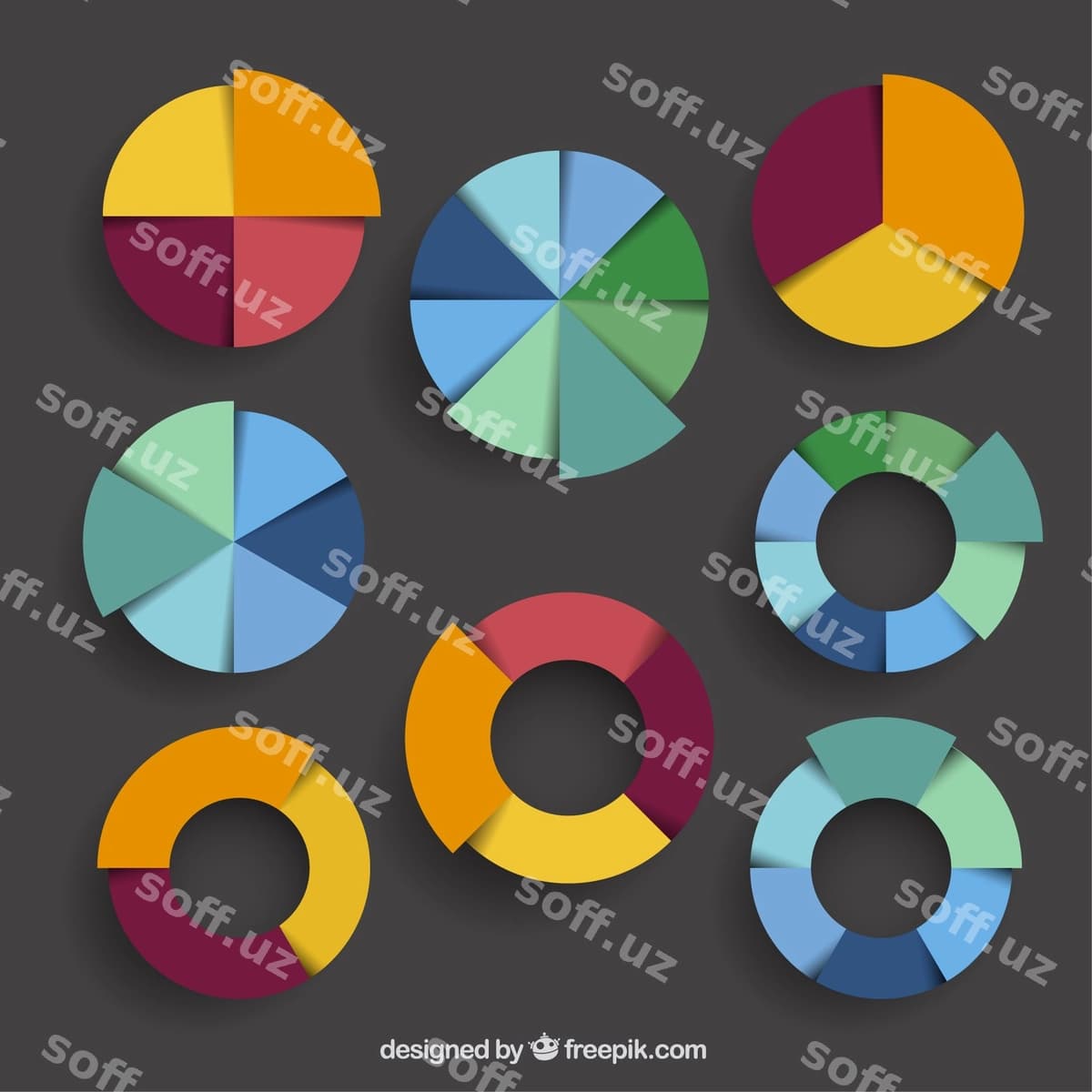 Rangli doiraviy diagrammalar to'plami | Colorful pie charts collection