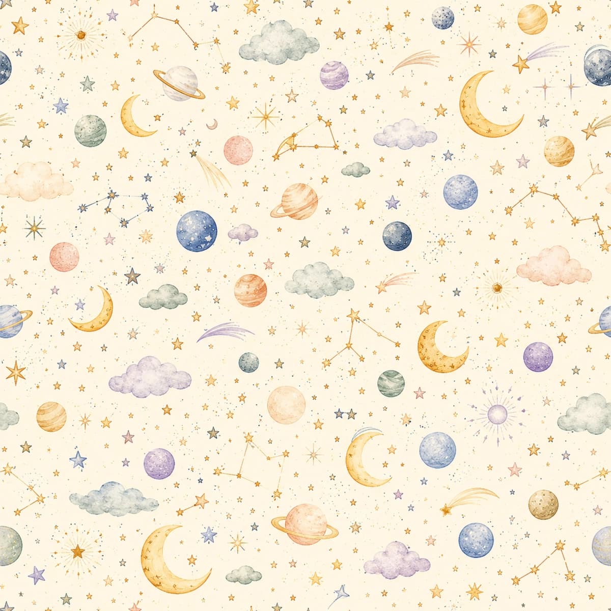 Akvarel uslubidagi  kosmos va sayyoralar seamless pattern (2D Vektor)