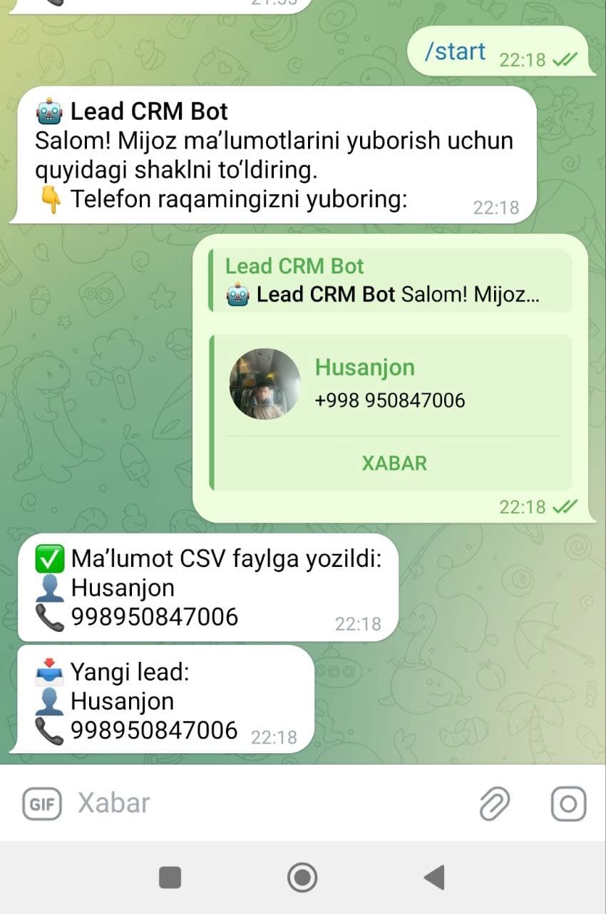Lead CRM Bot (aiogram v3) — Mijoz telefon raqamini yig‘uvchi Telegram bot