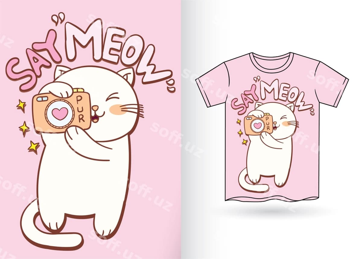 Chiroyli mushuk kamera bilan karyakatur futbolka | Cute cat with camera cartoon t shirt