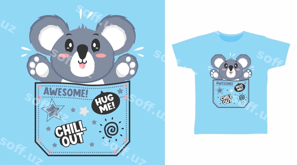 Mazali Koala Kieshik Futbolka Dizayn Kontseptsiyası | Cute koala pocket tee design concept