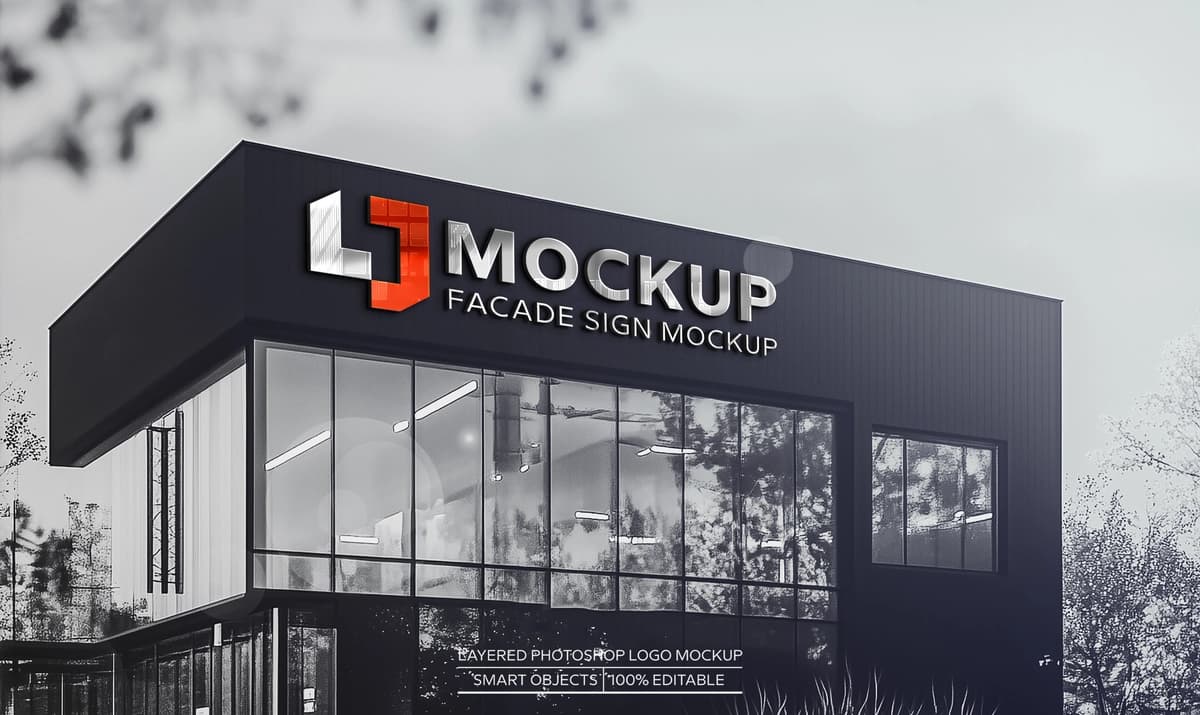 3D logotip maketi bilan zamonaviy bino jabhasi | Modern building facade with 3d logo mockup