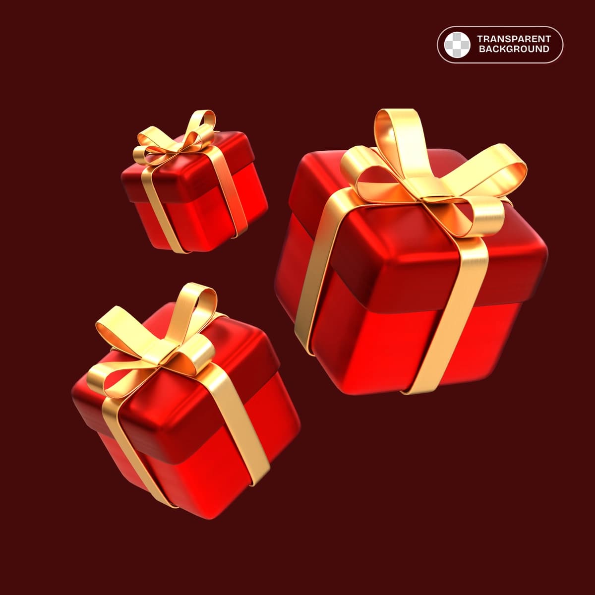Shaffof 3D dizayndagi oltin lenta bilan bezatilgan uchta qizil sovg'a | Three red gifts with gold ribbon arranged 3d design with transparent