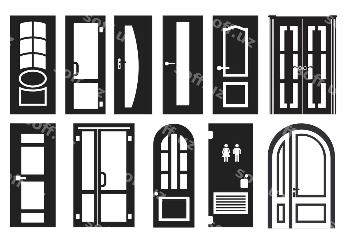 Eshalar ajralangan vektorlarni siluet sifatida oʻrnatgan. | Doors set isolated vectors silhouettes