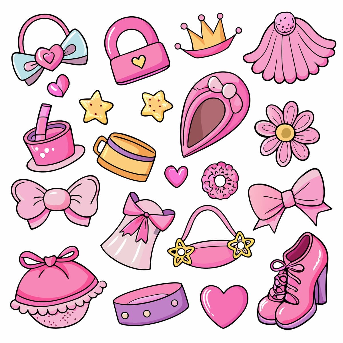 Qo'lda chizilgan pushti qizlar aksessuarlari to'plami kamon poyabzallari shapka yuraklari | Handdrawn pink girls accessories set bows shoes hats hearts