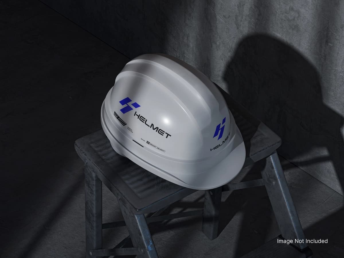 Qurilish dubulg'asi maketi taburei xira yoritilgan sanoat muhiti | Construction helmet mockup stool dimly lit industrial setting